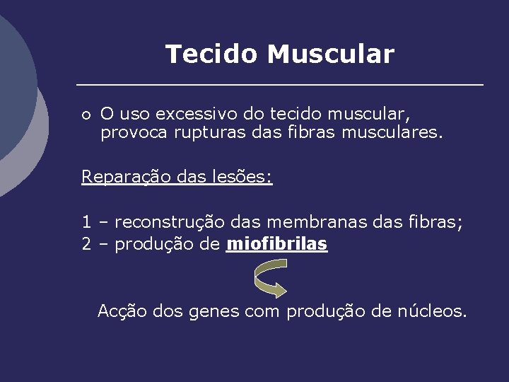 Tecido Muscular ¡ O uso excessivo do tecido muscular, provoca rupturas das fibras musculares.