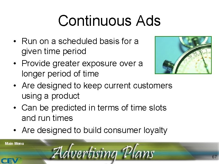 Continuous Ads • Run on a scheduled basis for a given time period •