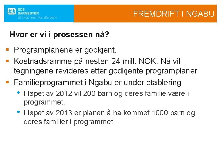 FREMDRIFT I NGABU Hvor er vi i prosessen nå? § Programplanene er godkjent. §