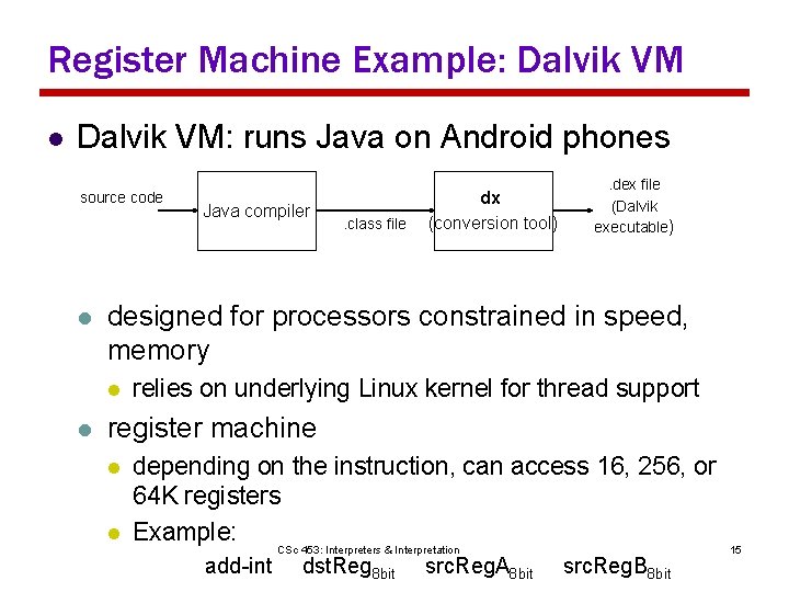 Register Machine Example: Dalvik VM l Dalvik VM: runs Java on Android phones source