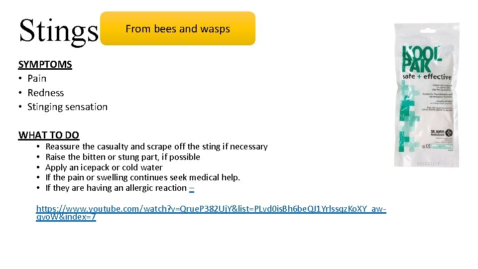 Stings! From bees and wasps SYMPTOMS • Pain • Redness • Stinging sensation WHAT