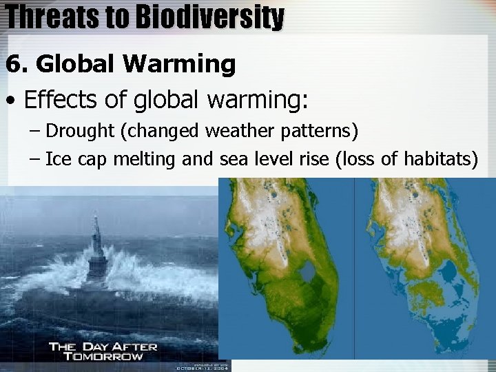 Threats to Biodiversity 6. Global Warming • Effects of global warming: – Drought (changed