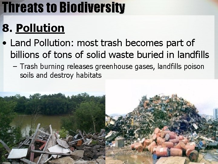 Threats to Biodiversity 8. Pollution • Land Pollution: most trash becomes part of billions