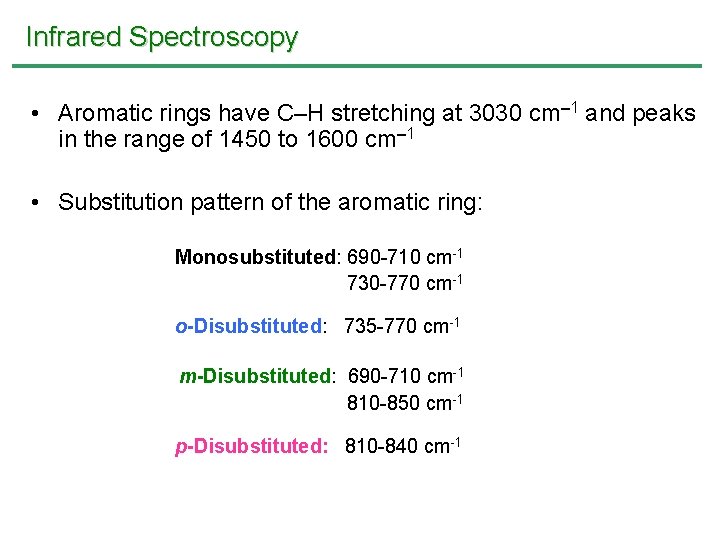 Infrared Spectroscopy • Aromatic rings have C–H stretching at 3030 cm 1 and peaks Infrared Spectroscopy • Aromatic rings have C–H stretching at 3030 cm 1 and peaks