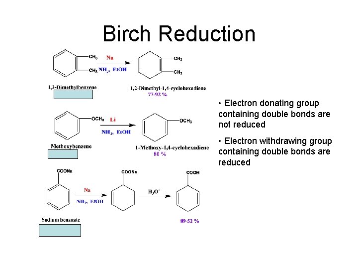Birch Reduction • Electron donating group containing double bonds are not reduced • Electron Birch Reduction • Electron donating group containing double bonds are not reduced • Electron