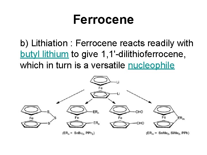 Ferrocene b) Lithiation : Ferrocene reacts readily with butyl lithium to give 1, 1'-dilithioferrocene, Ferrocene b) Lithiation : Ferrocene reacts readily with butyl lithium to give 1, 1'-dilithioferrocene,