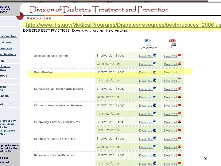 http: //www. ihs. gov/Medical. Programs/Diabetes/resources/bestpractices_2006. as 21 