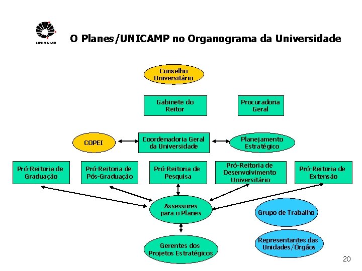 O Planes/UNICAMP no Organograma da Universidade Conselho Universitário COPEI Pró-Reitoria de Graduação Pró-Reitoria de