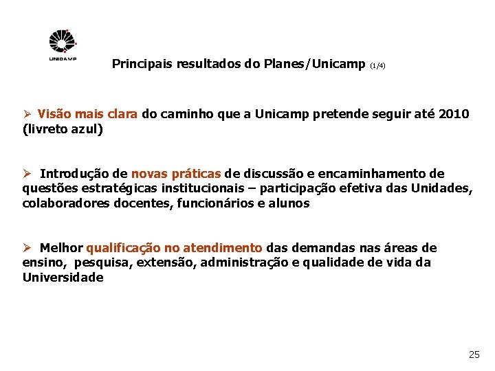 Principais resultados do Planes/Unicamp (1/4) Ø Visão mais clara do caminho que a Unicamp