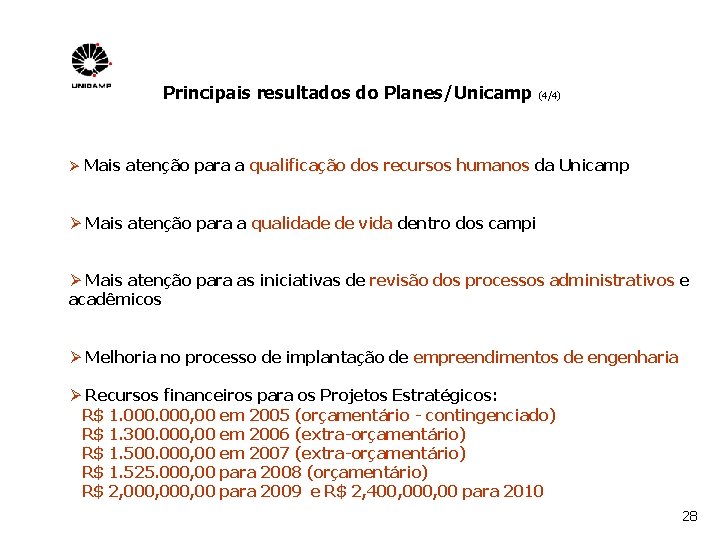 Principais resultados do Planes/Unicamp (4/4) Ø Mais atenção para a qualificação dos recursos humanos
