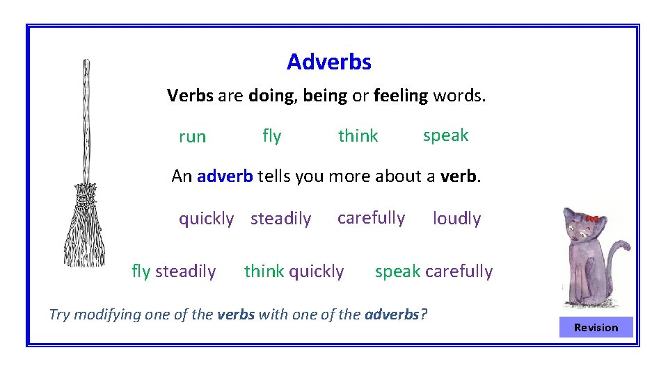 Adverbs Verbs are doing, being or feeling words. run fly think speak An adverb