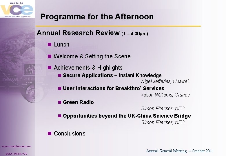 Programme for the Afternoon Annual Research Review (1 – 4. 00 pm) n Lunch