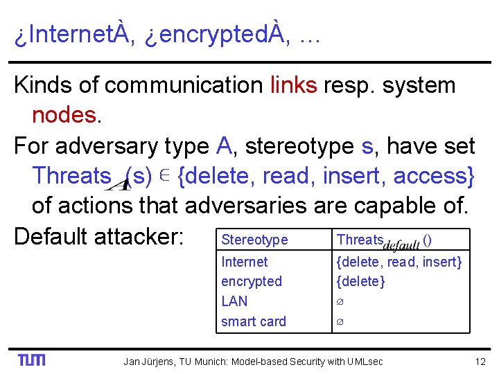 ¿InternetÀ, ¿encryptedÀ, … Kinds of communication links resp. system nodes. For adversary type A,