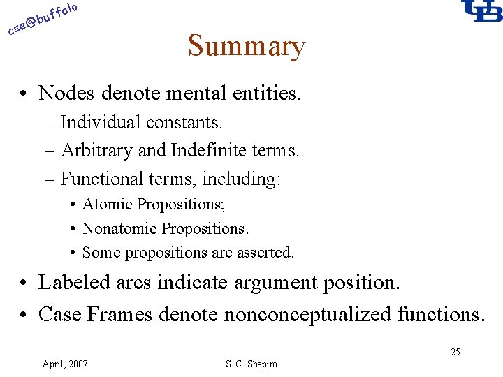alo f buf @ cse Summary • Nodes denote mental entities. – Individual constants.