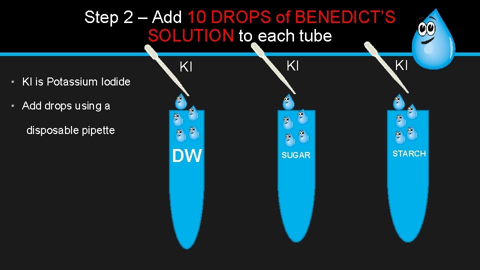 Step 2 – Add 10 DROPS of BENEDICT’S SOLUTION to each tube KI KI