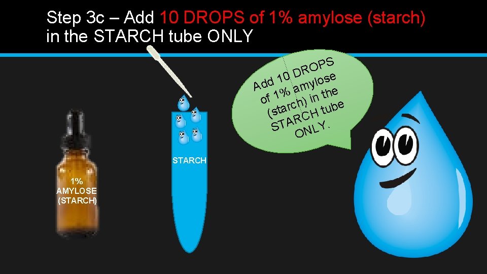 Step 3 c – Add 10 DROPS of 1% amylose (starch) in the STARCH