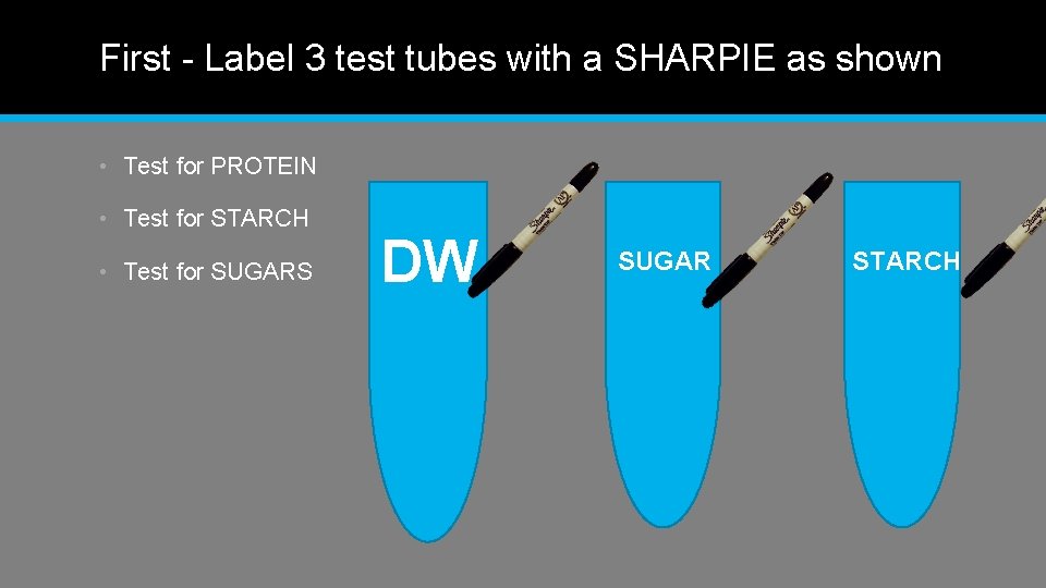 First - Label 3 test tubes with a SHARPIE as shown • Test for
