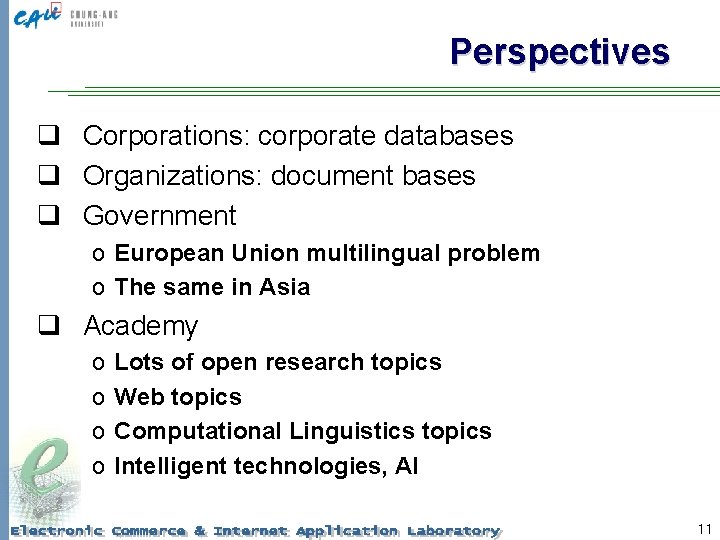 Perspectives q Corporations: corporate databases q Organizations: document bases q Government o European Union
