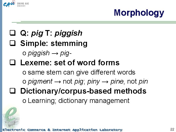 Morphology q Q: pig T: piggish q Simple: stemming o piggish → pig- q