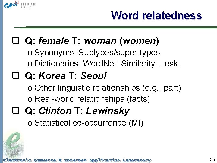 Word relatedness q Q: female T: woman (women) o Synonyms. Subtypes/super-types o Dictionaries. Word.