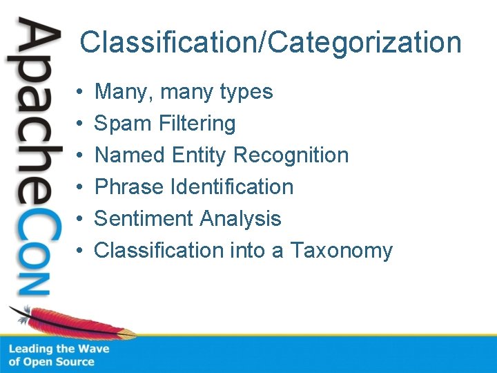 Classification/Categorization • • • Many, many types Spam Filtering Named Entity Recognition Phrase Identification