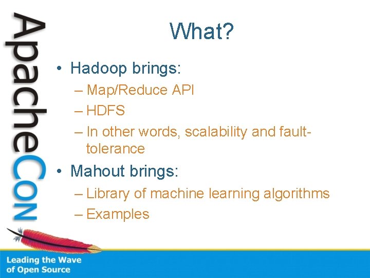 What? • Hadoop brings: – Map/Reduce API – HDFS – In other words, scalability