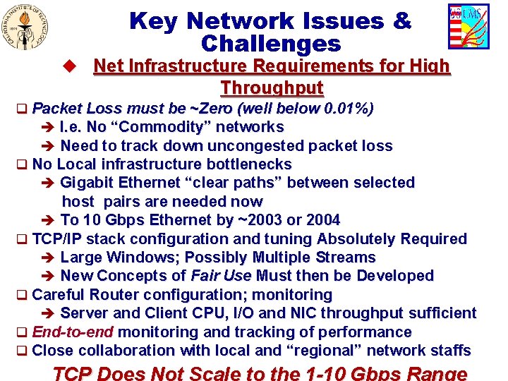Key Network Issues & Challenges u Net Infrastructure Requirements for High Throughput q Packet