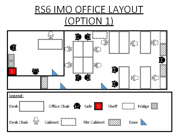 RS 6 IMO OFFICE LAYOUT (OPTION 1) S Legend: Desk Chair Office Chair Cabinet