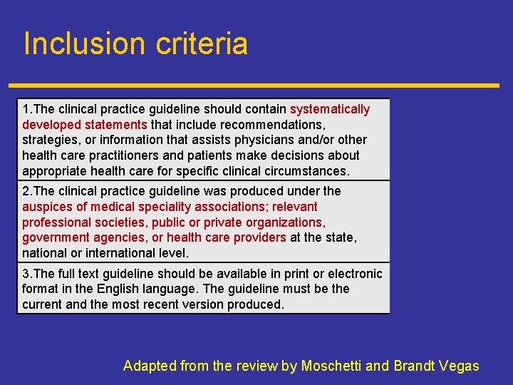 Inclusion criteria 1. The clinical practice guideline should contain systematically developed statements that include