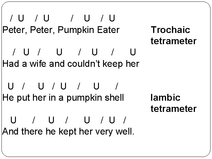 / U / U Peter, Pumpkin Eater Trochaic tetrameter / U / U Had