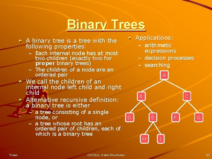 Binary Trees Applications: A binary tree is a tree with the following properties: – Binary Trees Applications: A binary tree is a tree with the following properties: –