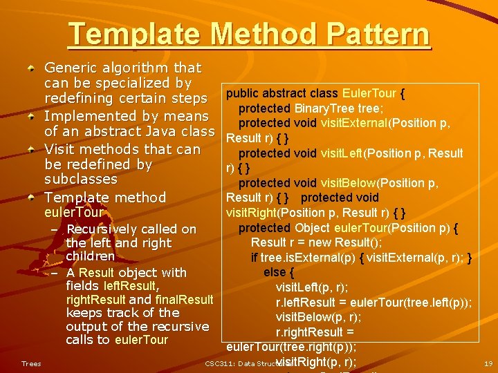Template Method Pattern Generic algorithm that can be specialized by redefining certain steps Implemented Template Method Pattern Generic algorithm that can be specialized by redefining certain steps Implemented
