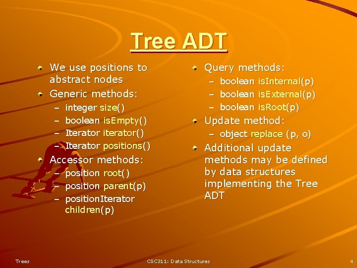 Tree ADT We use positions to abstract nodes Generic methods: – – integer size() Tree ADT We use positions to abstract nodes Generic methods: – – integer size()