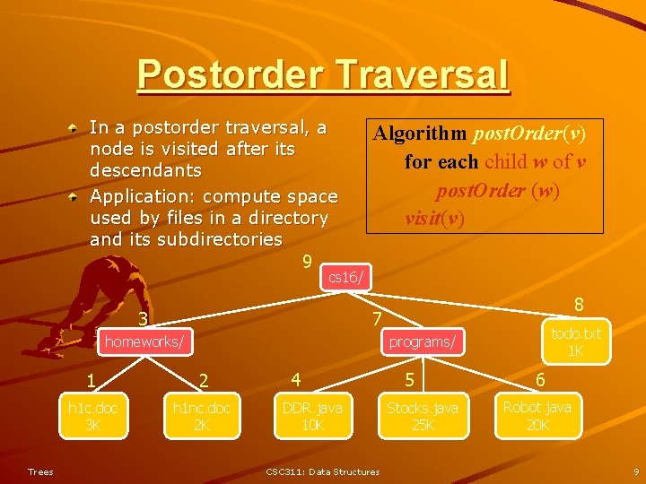 Postorder Traversal In a postorder traversal, a node is visited after its descendants Application: Postorder Traversal In a postorder traversal, a node is visited after its descendants Application: