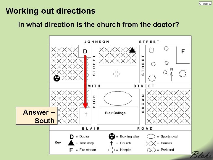 Working out directions In what direction is the church from the doctor? Answer –