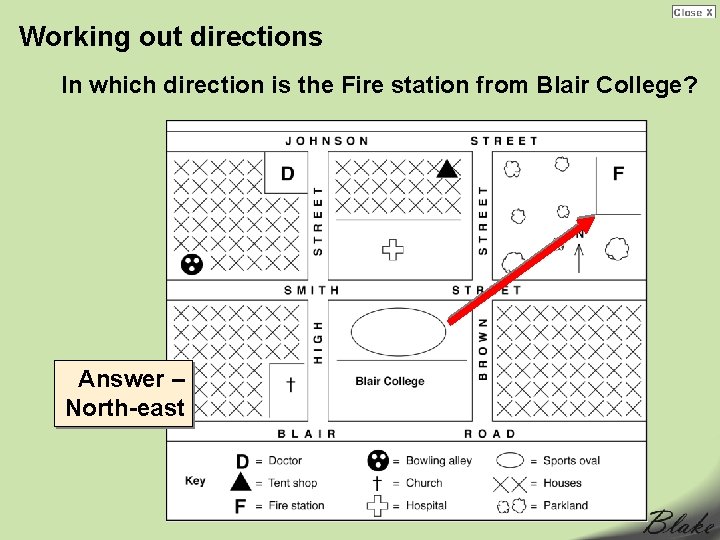 Working out directions In which direction is the Fire station from Blair College? Answer