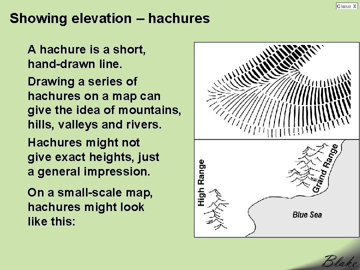 Showing elevation – hachures A hachure is a short, hand-drawn line. Drawing a series