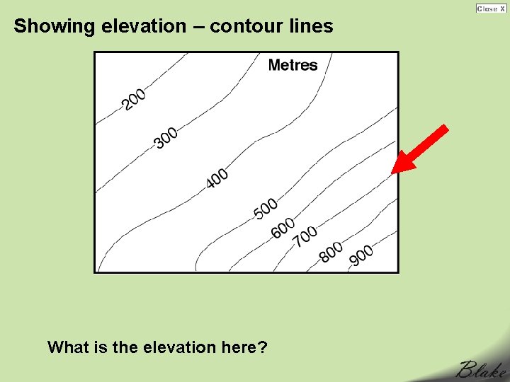 Showing elevation – contour lines What is the elevation here? 