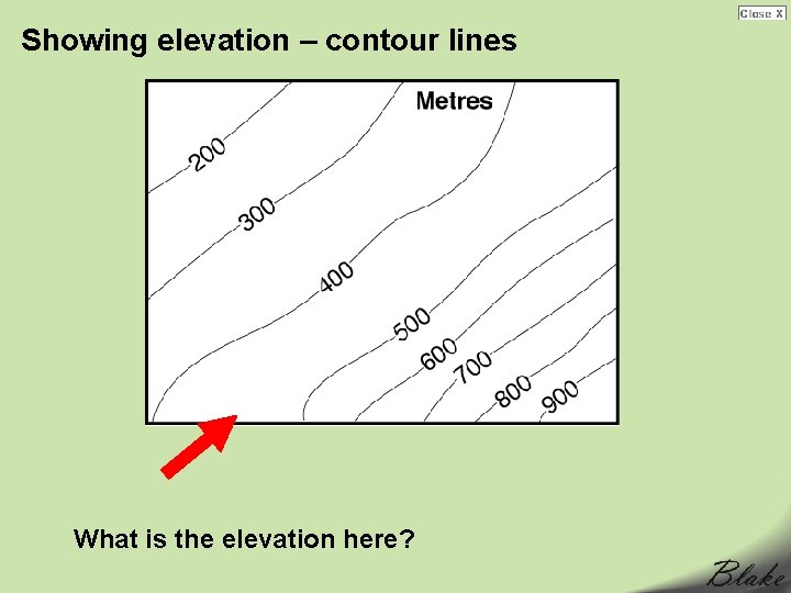 Showing elevation – contour lines What is the elevation here? 