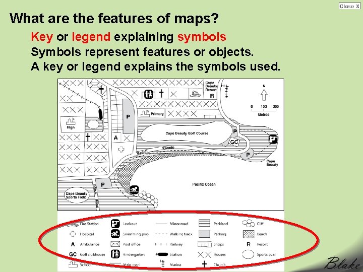What are the features of maps? Key or legend explaining symbols Symbols represent features