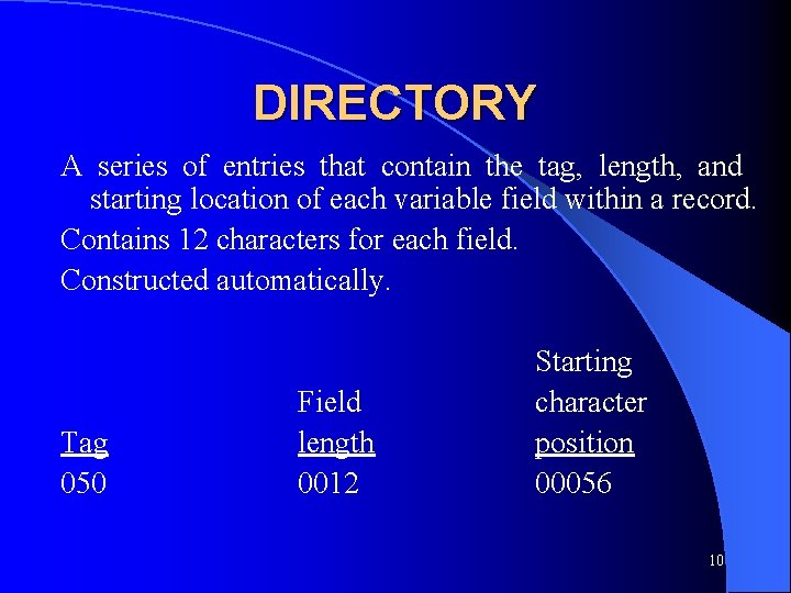 DIRECTORY A series of entries that contain the tag, length, and starting location of