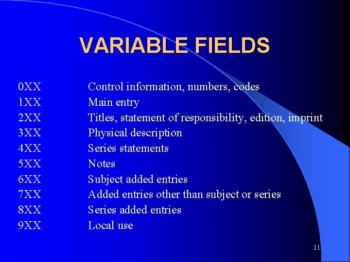 VARIABLE FIELDS 0 XX 1 XX 2 XX 3 XX 4 XX 5 XX