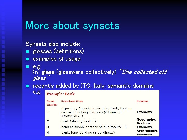 More about synsets Synsets also include: n glosses (definitions) n examples of usage n