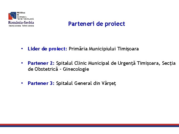 Granițe comune. Soluții comune. Parteneri de proiect • Lider de proiect: Primăria Municipiului Timișoara