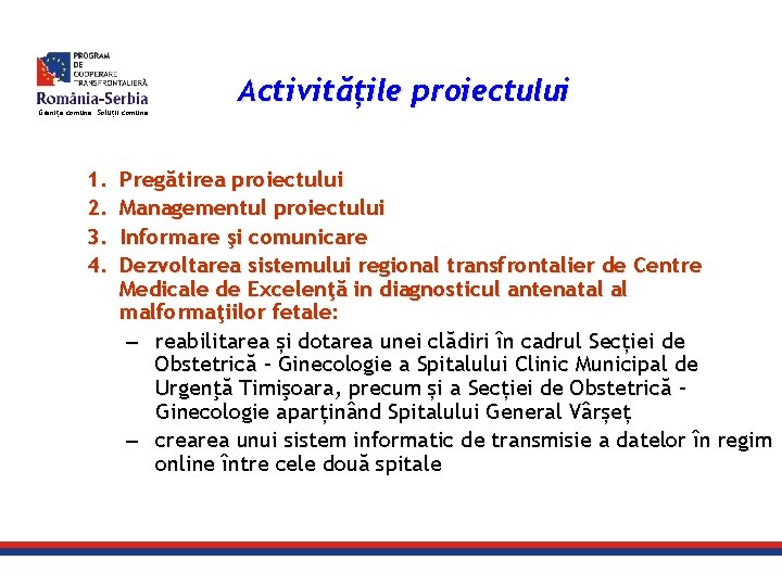 Granițe comune. Soluții comune. 1. 2. 3. 4. Activitățile proiectului Pregătirea proiectului Managementul proiectului