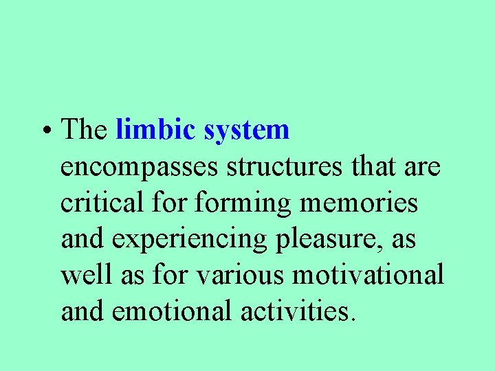  • The limbic system encompasses structures that are critical forming memories and experiencing