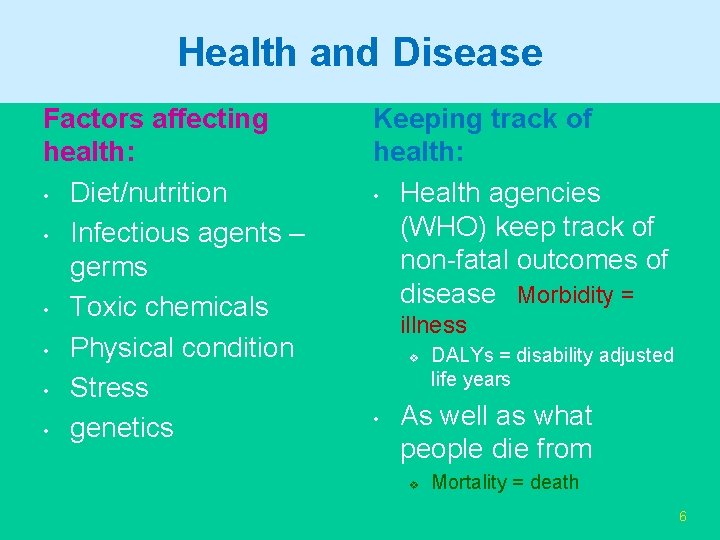 Health Disease Healthand Disease Factors affecting health: • Diet/nutrition • Infectious agents – germs