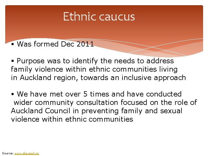 Ethnic caucus § Was formed Dec 2011 § Purpose was to identify the needs