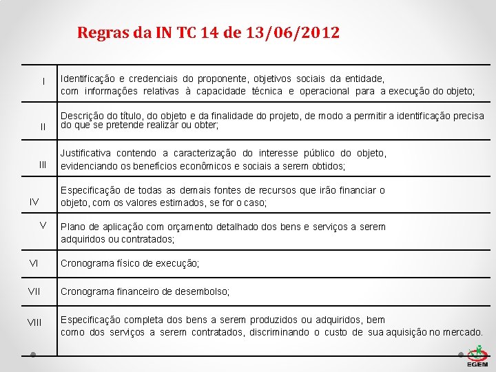 Regras da IN TC 14 de 13/06/2012 I Identificação e credenciais do proponente, objetivos