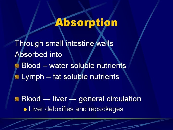 Absorption Through small intestine walls Absorbed into Blood – water soluble nutrients Lymph –